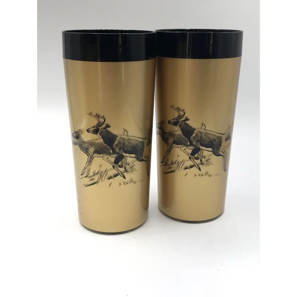 Gold Black Geese Deer Fish Design Plastic‎ Glass Tumbler NFC Insulated set of 2